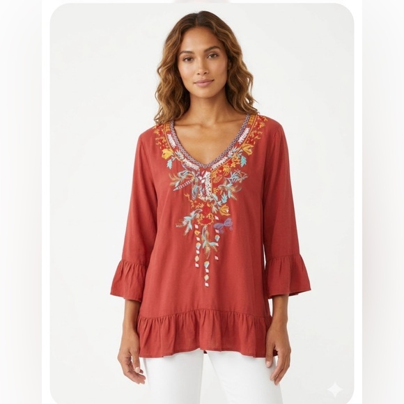 grand & greene Tops - Grand & Greene Women Size L Rust Crimson White Floral Tunic Top Blouse Shirt